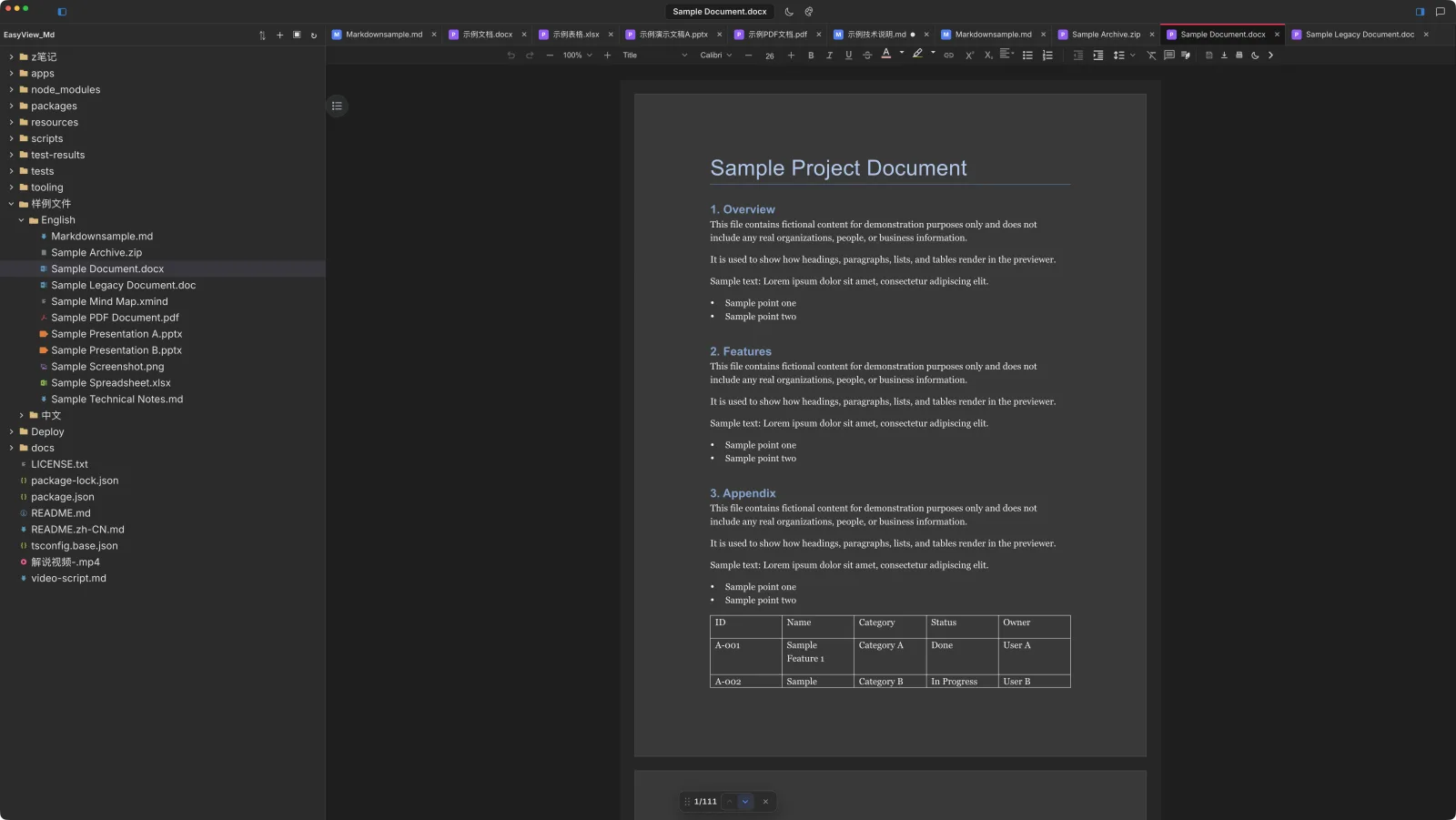Editing a Word document in a tab