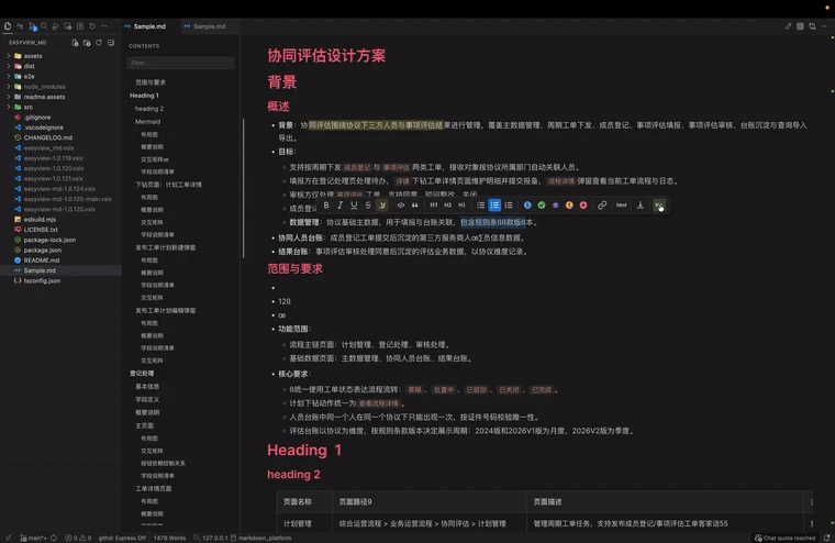 EasyView 打开项目文件夹：左侧目录树、中间大纲、右侧文档内容，顶部是两个标签页
